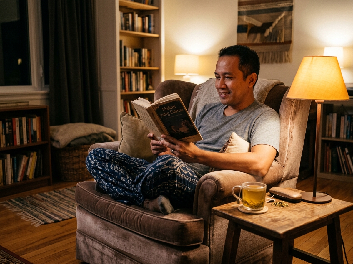 Pria membaca buku fisik di bawah lampu hangat tanpa layar ponsel sebelum tidur